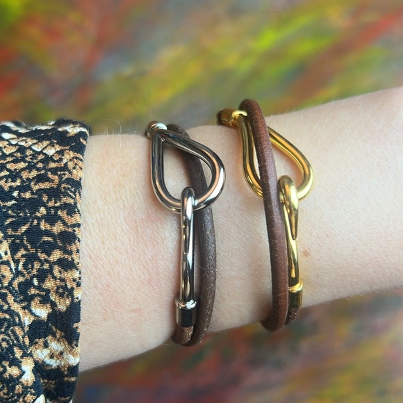 Hermes Hook Bracelet Jumbo Metal Logo Silver Color Brown Leather Chocker 15" - Picture 8 of 13